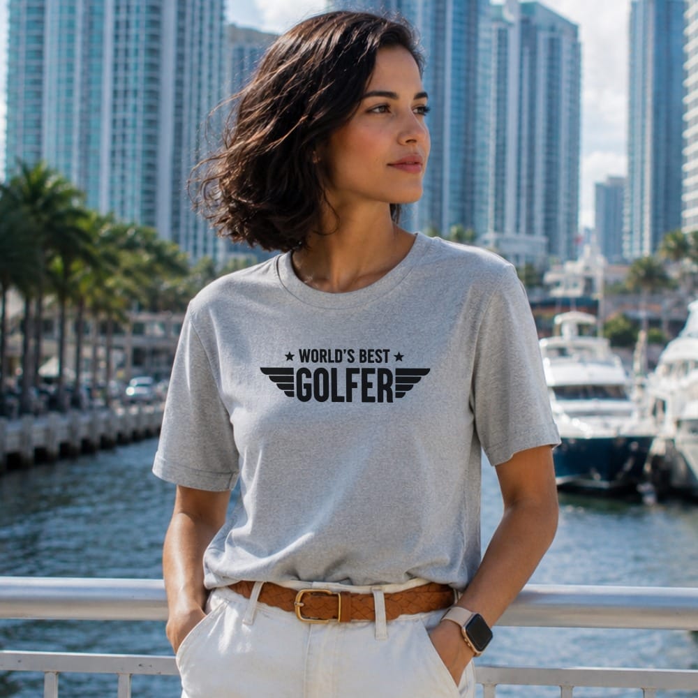 Gray t-shirt with "World's Best Golfer" text and golf club graphic.