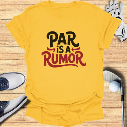 Yellow t-shirt with "PAR is a RUMOR" text, golf shoes, and golf ball.