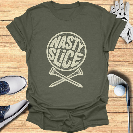Olive t-shirt with "Nasty Slice" text and crossed golf tees.