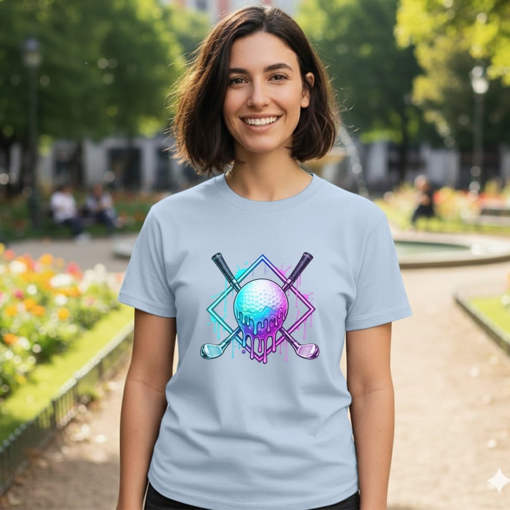 Light blue t-shirt with melting golf ball and crossed clubs graphic.