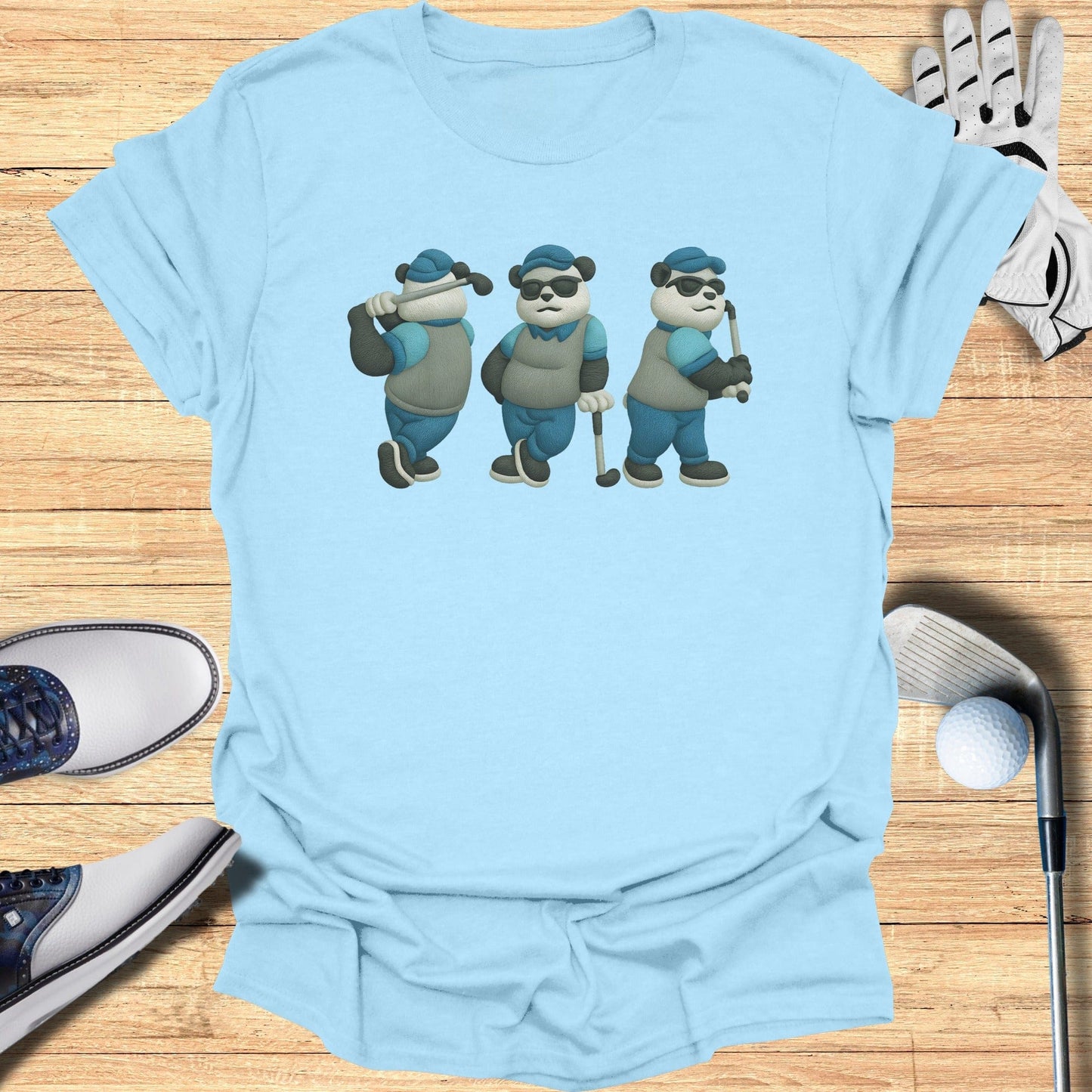Blue T-shirt with Cute Cartoon Panda Golfers Design