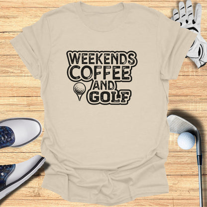 T-shirt with "Weekends Coffee and Golf" text, golf shoes, glove, and club.