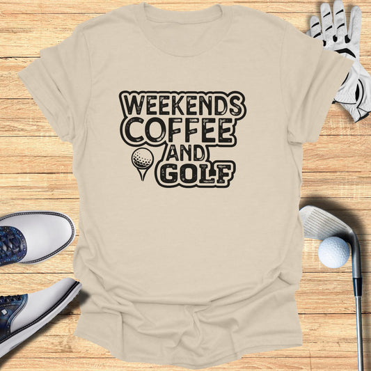 T-shirt with "Weekends Coffee and Golf" text, golf shoes, glove, and club.