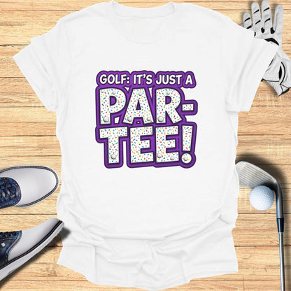 White t-shirt with "PAR-TEE!" text surrounded by sprinkles and golf balls.