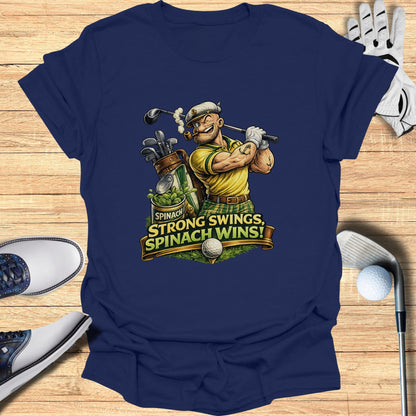 Cartoon golfer with cigar and golf bag, text reads "SPINACH, STRONG SWINGS, SPINACH WINS!"