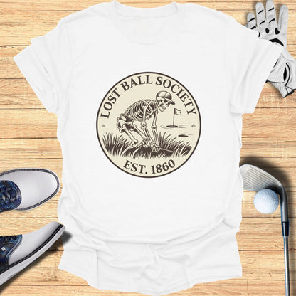 T-shirt with "Lost Ball Society Est. 1860" logo featuring a skeleton golfing.