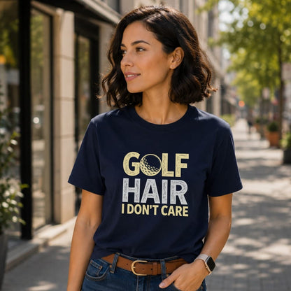 Navy t-shirt with "Golf Hair I Don't Care" and a golf ball graphic.