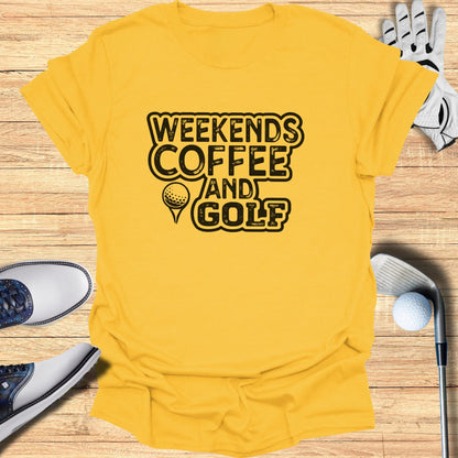 Yellow t-shirt with "Weekends Coffee and Golf" graphic, golf shoes, and ball.