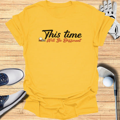 Yellow t-shirt with "This Time Will Be Different" and golf elements.