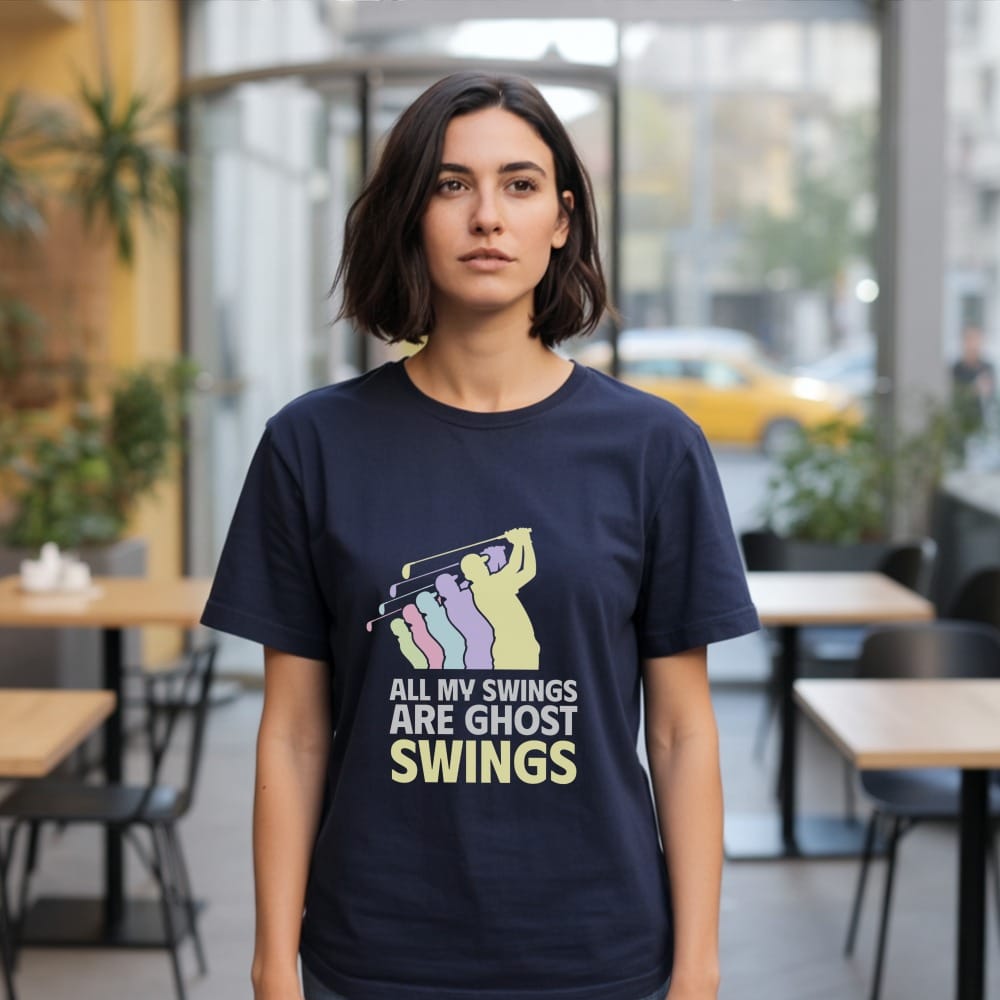 Navy t-shirt with graphic of a golfer and text "ALL MY SWINGS ARE GHOST SWINGS".