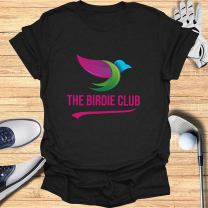Black t-shirt with "The Birdie Club" logo featuring a bird.