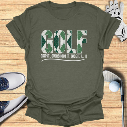 Green t-shirt with "GOLF" and golf-themed text, surrounded by golf shoes and accessories.