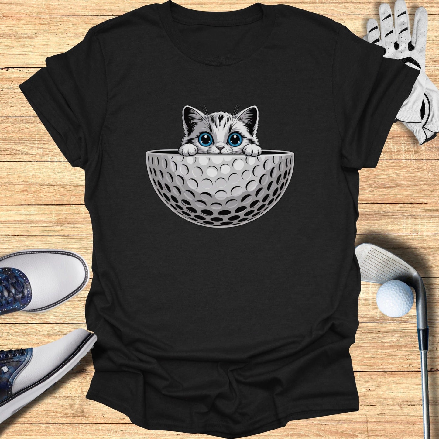 Cute Cat Peeking from Golf Ball Black T-shirt