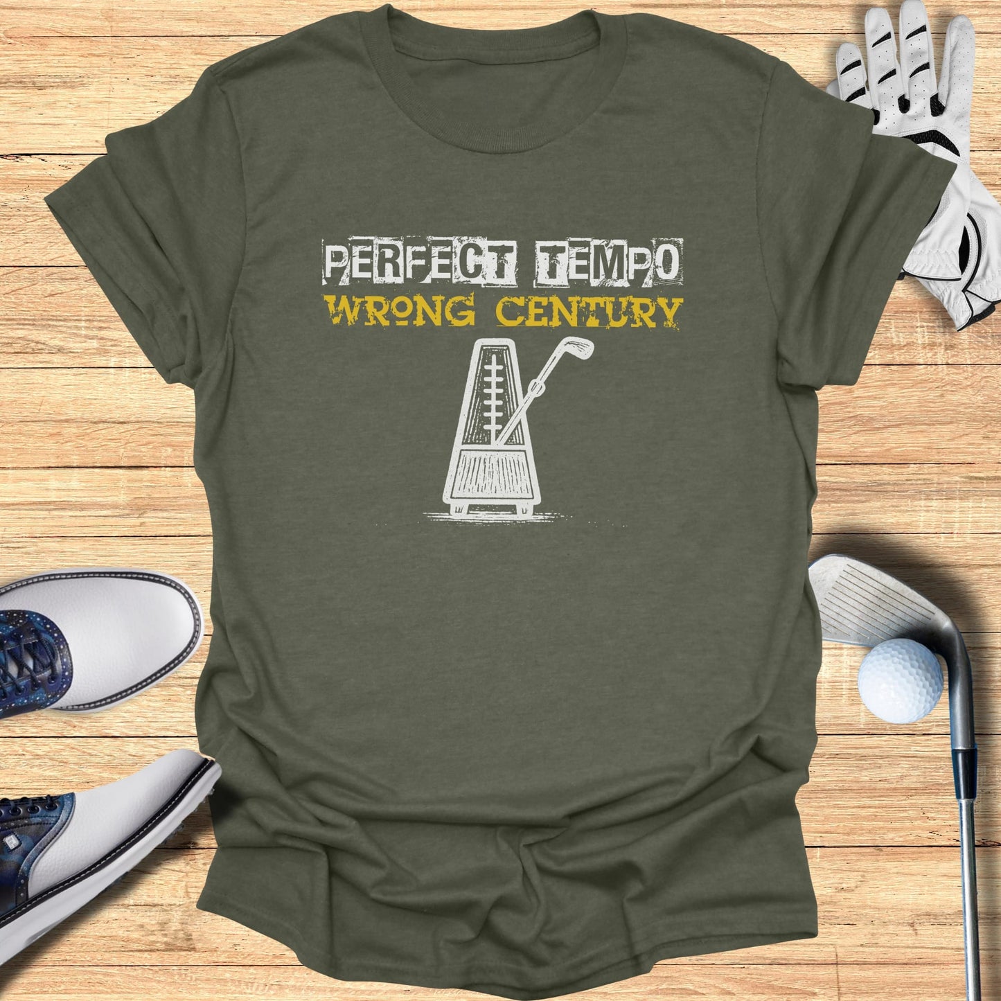 Olive t-shirt with "Perfect Tempo, Wrong Century" text and metronome graphic.
