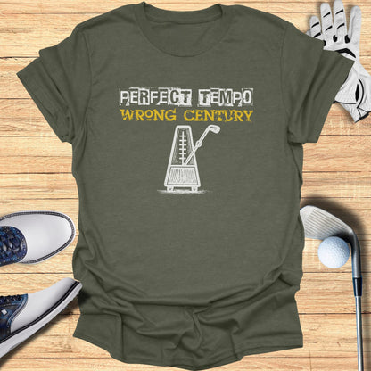 Olive t-shirt with "Perfect Tempo, Wrong Century" text and metronome graphic.