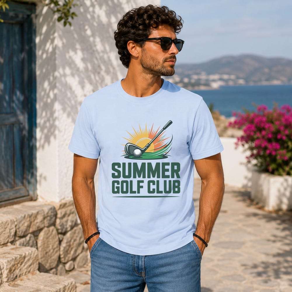 Man in light blue t-shirt with "SUMMER GOLF CLUB" graphic and golf club.