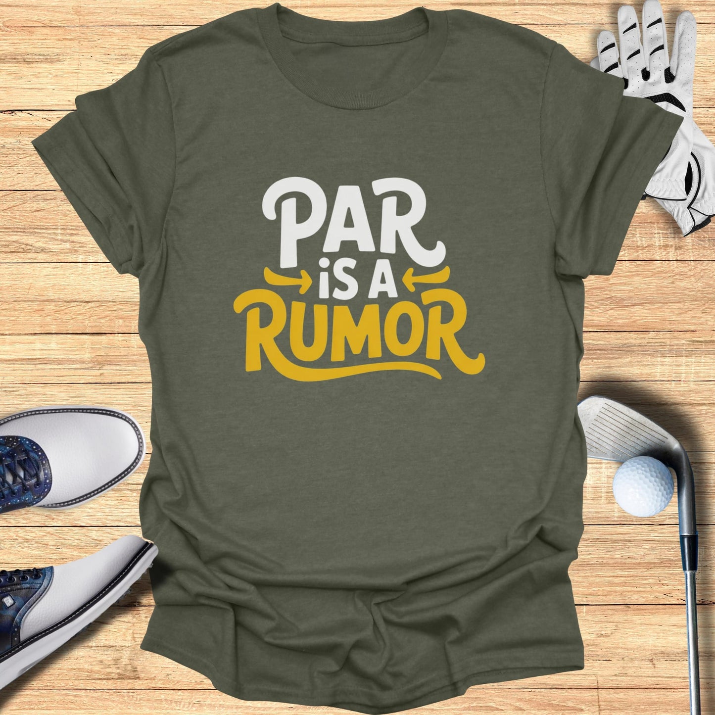 Green t-shirt with "PAR is a RUMOR" text in white and yellow.