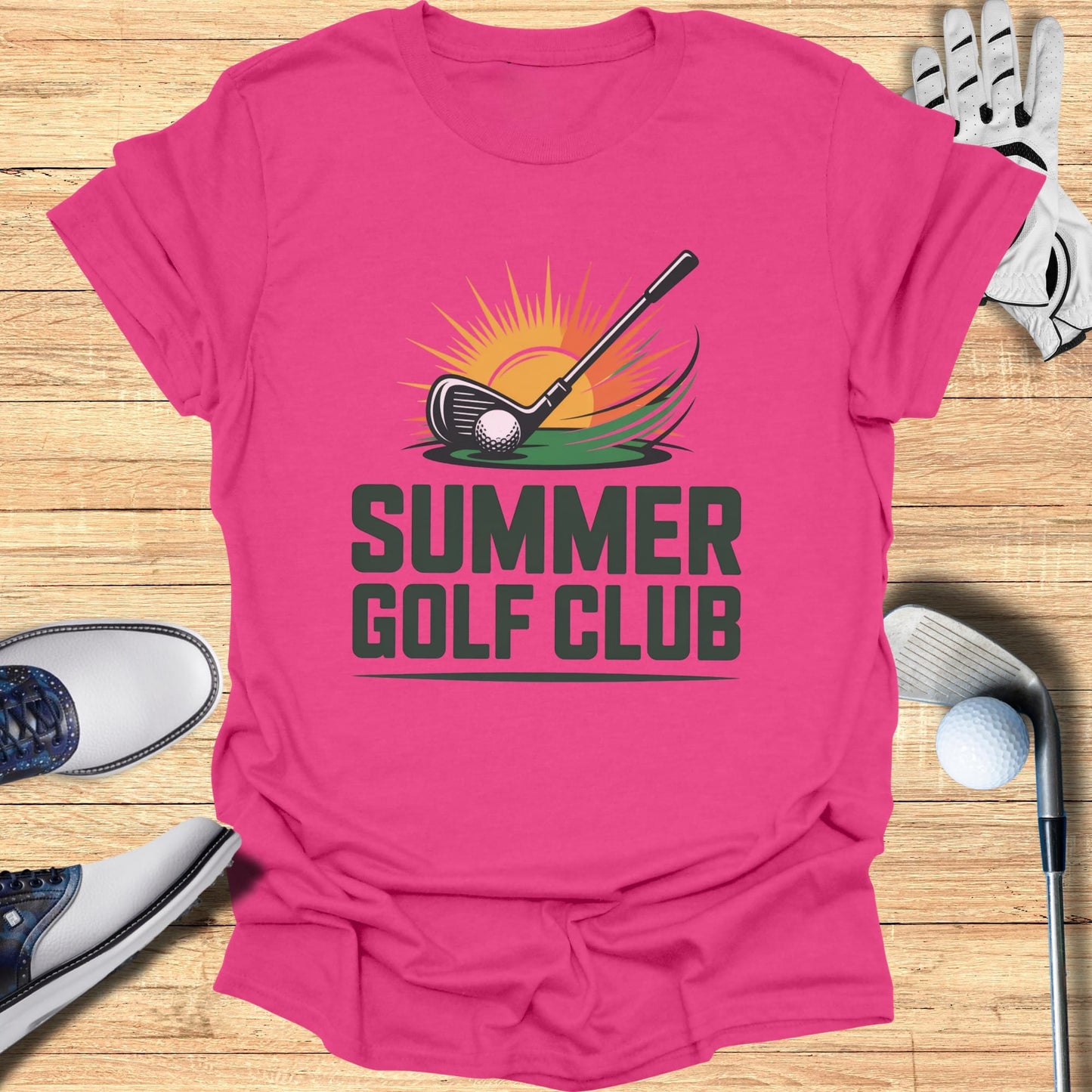 Pink t-shirt with "SUMMER GOLF CLUB" text and a golf club graphic.