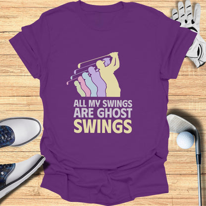 Purple t-shirt with "ALL MY SWINGS ARE GHOST SWINGS" and golfer graphic.