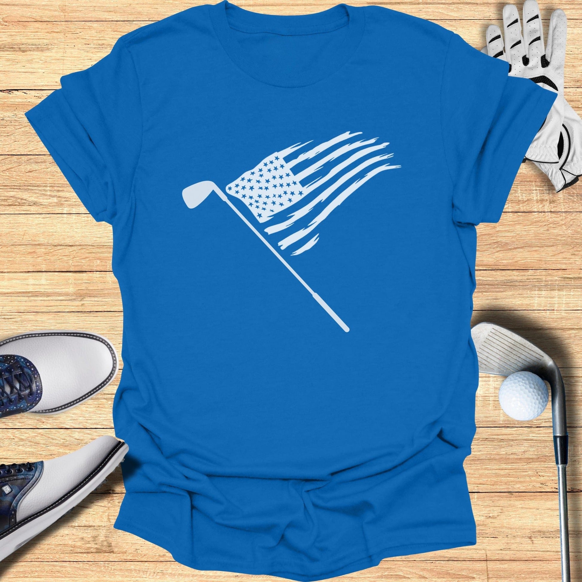 Patriotic Golf Themed T Shirt with American Flag Design