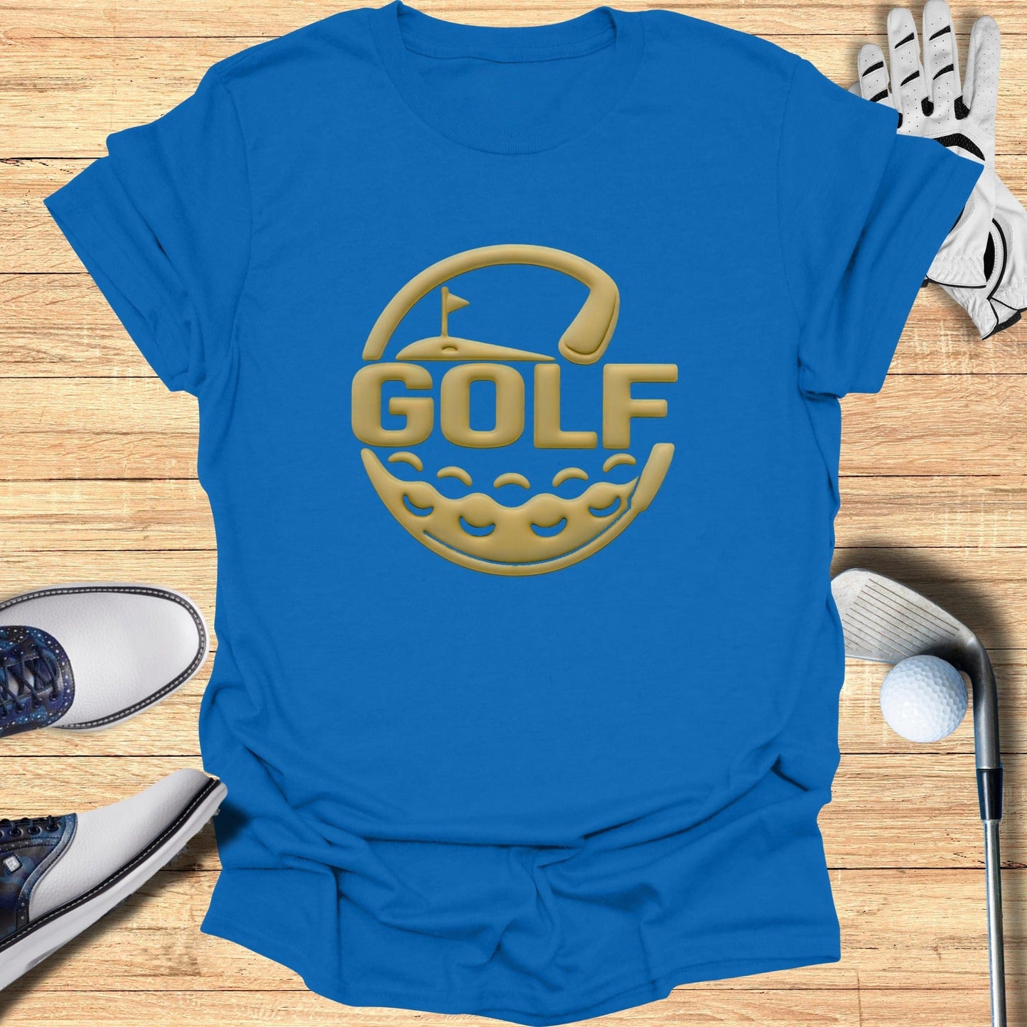 Blue T-Shirt with Gold Golf Logo Design