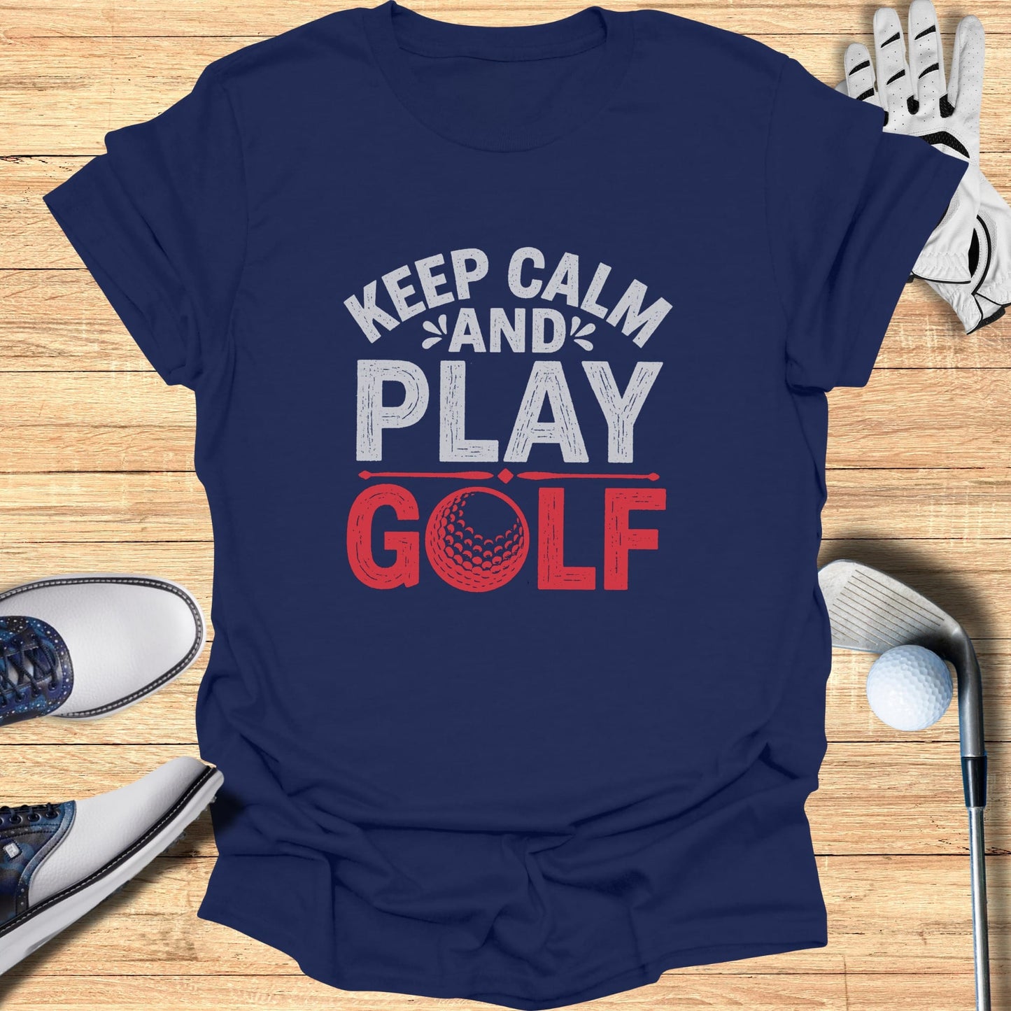 Navy t-shirt with "Keep Calm and Play Golf" text and a golf ball graphic.