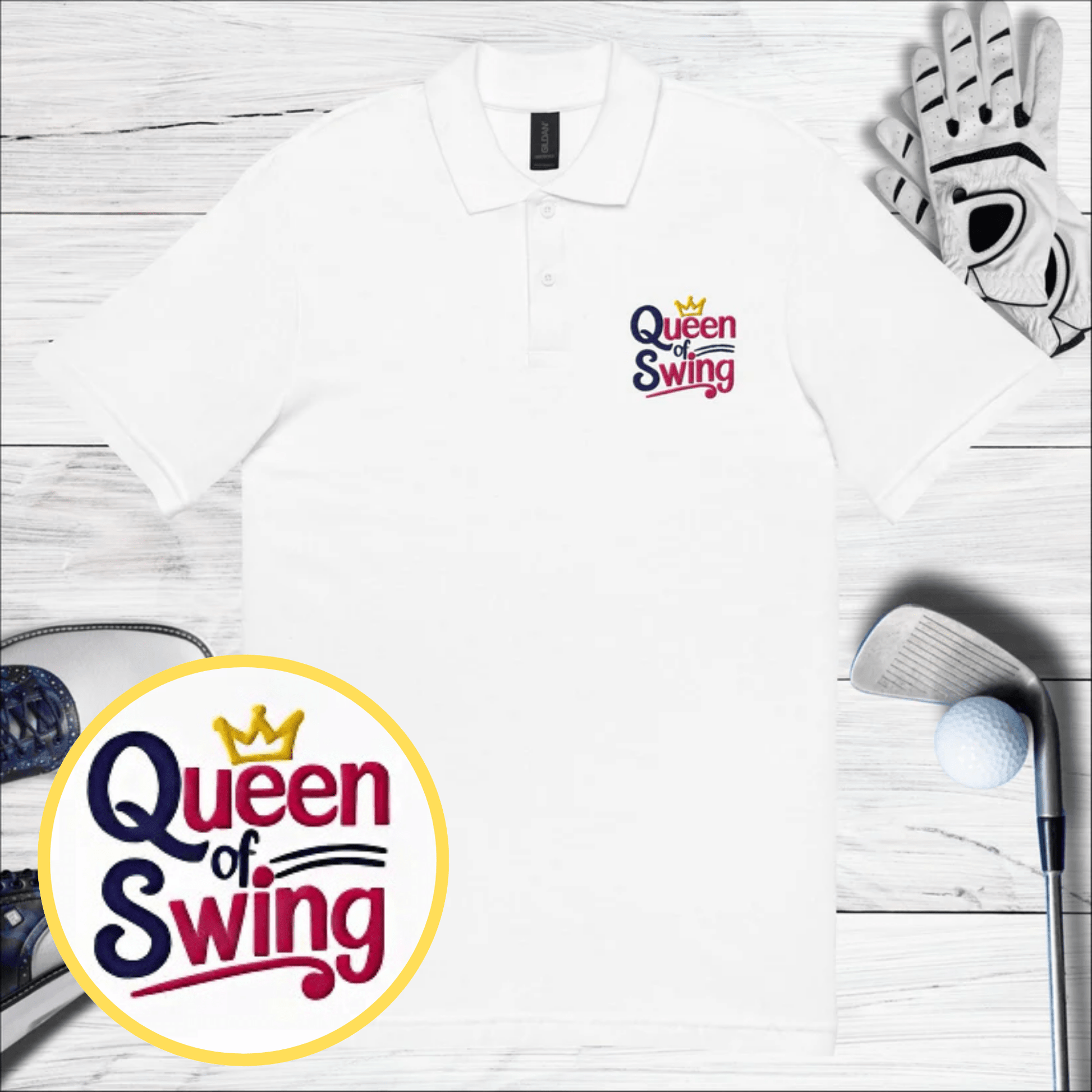 Queen of Swing Embroidered Golf Pique Polo Shirt - Funny Golf Tee by Swing Epic