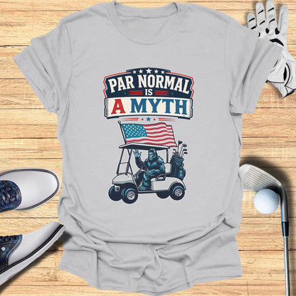 Golf shirt with "Par Normal Is A Myth" text and golf cart graphic.