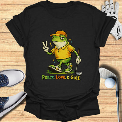 Frog wearing golf attire, holding a club, with "Peace, Love, & Golf" text.