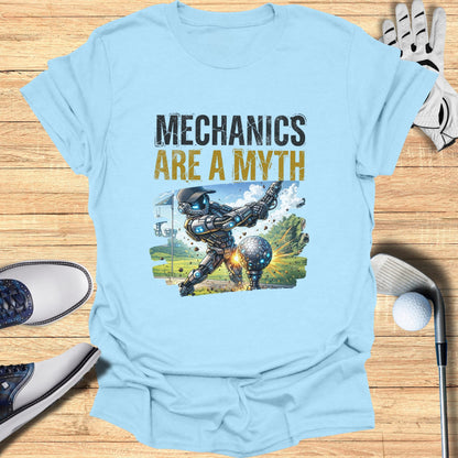 Robot golfer swings at ball with "Mechanics Are A Myth" text.