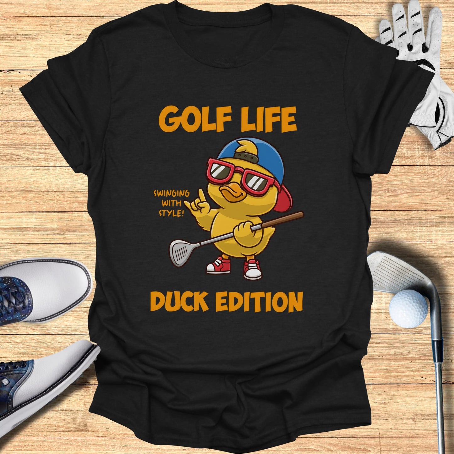 Cartoon duck wearing sunglasses and a golf club, text reads "GOLF LIFE DUCK EDITION".