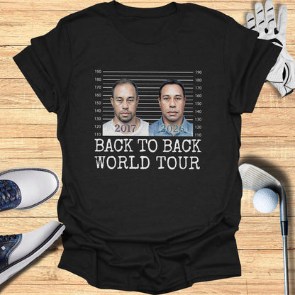 T-shirt with "2017 2026 BACK TO BACK WORLD TOUR" text and golfer mugshots.