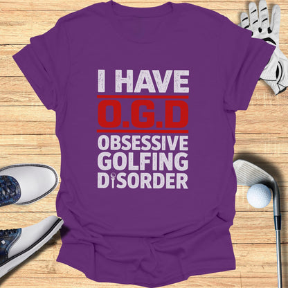 Purple t-shirt with "I Have O.G.D. Obsessive Golfing Disorder" text.
