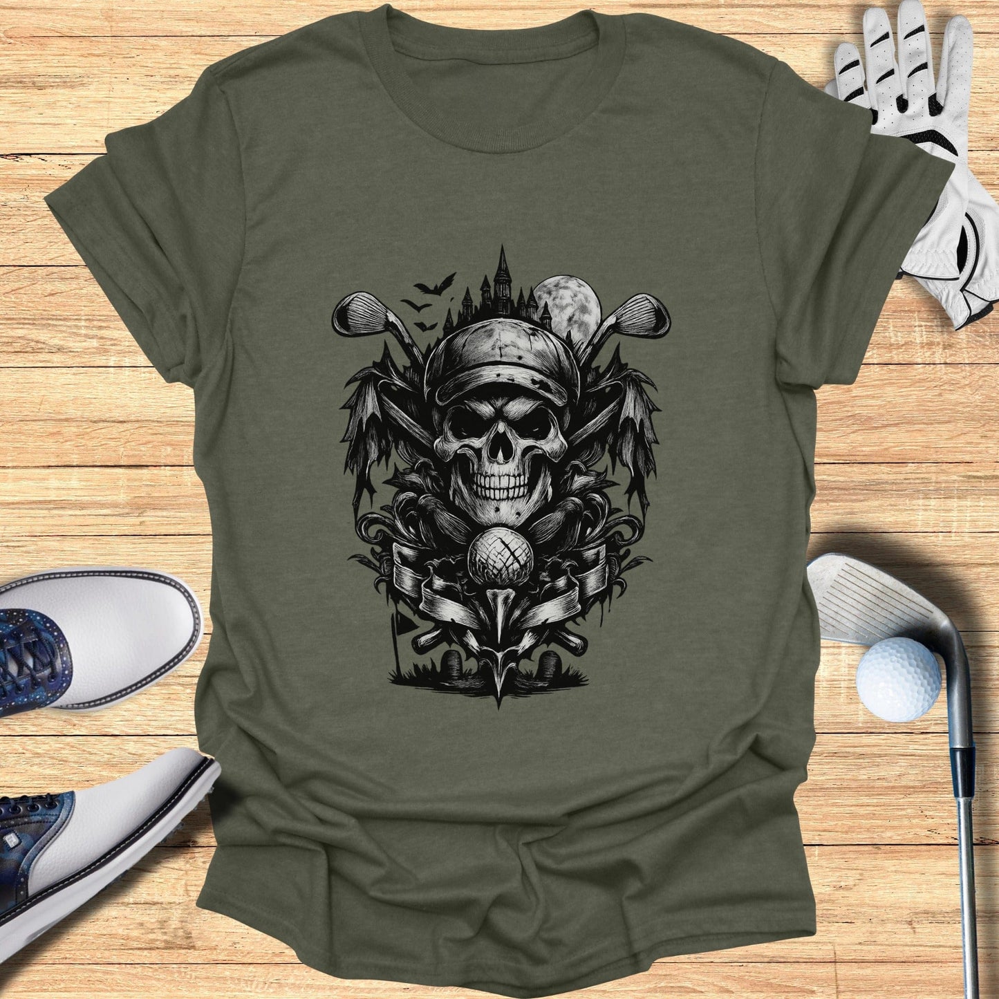 Skull and Golf Clubs Graphic Design T-Shirt