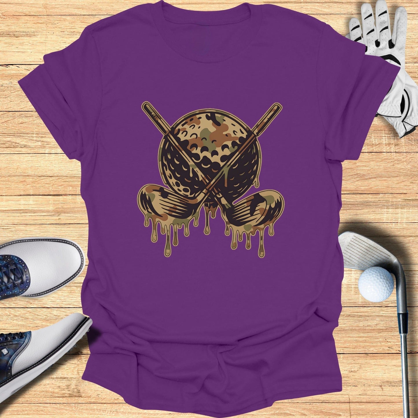 Dripping Camo Golf Ball Crossed Clubs Graphic Shirt