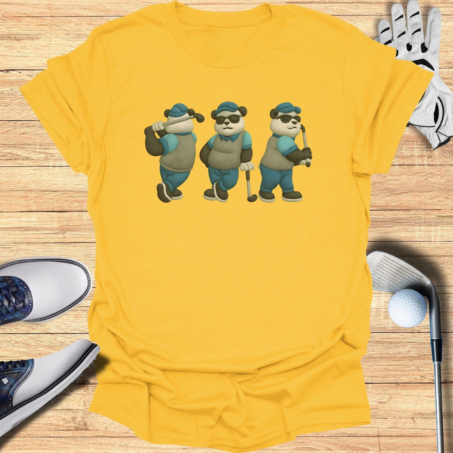 Three Golfing Pandas Graphic Design T-Shirt