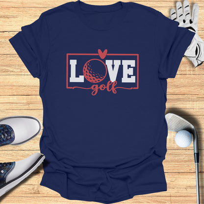 Navy t-shirt with "LOVE GOLF" text and a golf ball graphic.