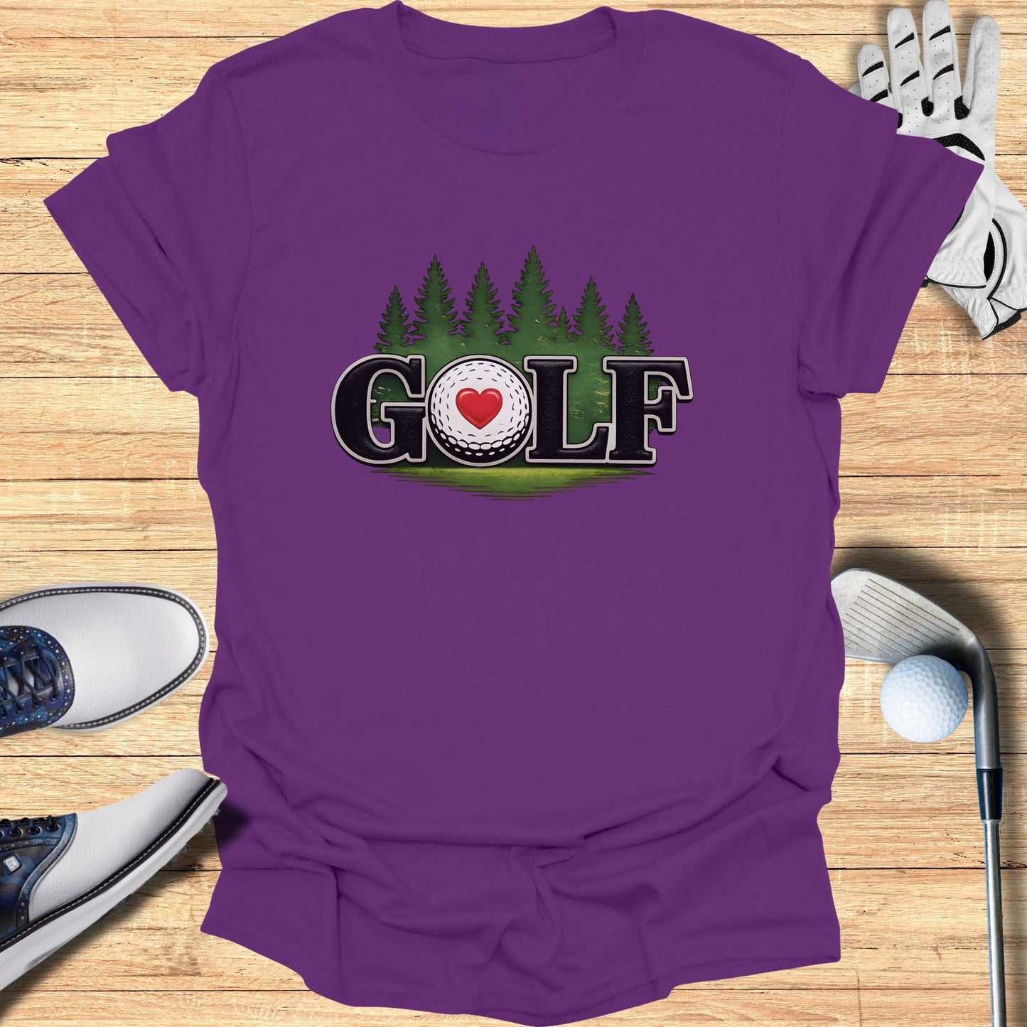Purple T-Shirt with Heart Golf Artwork Graphic Product