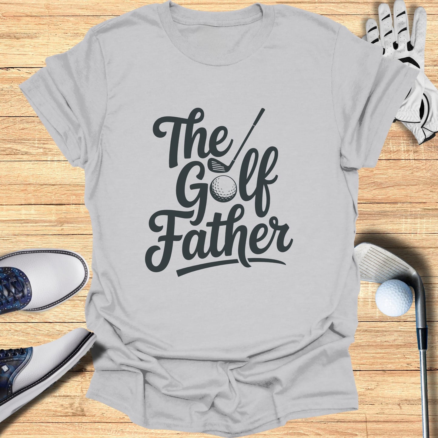 T-shirt with "The Golf Father" text and golf imagery.