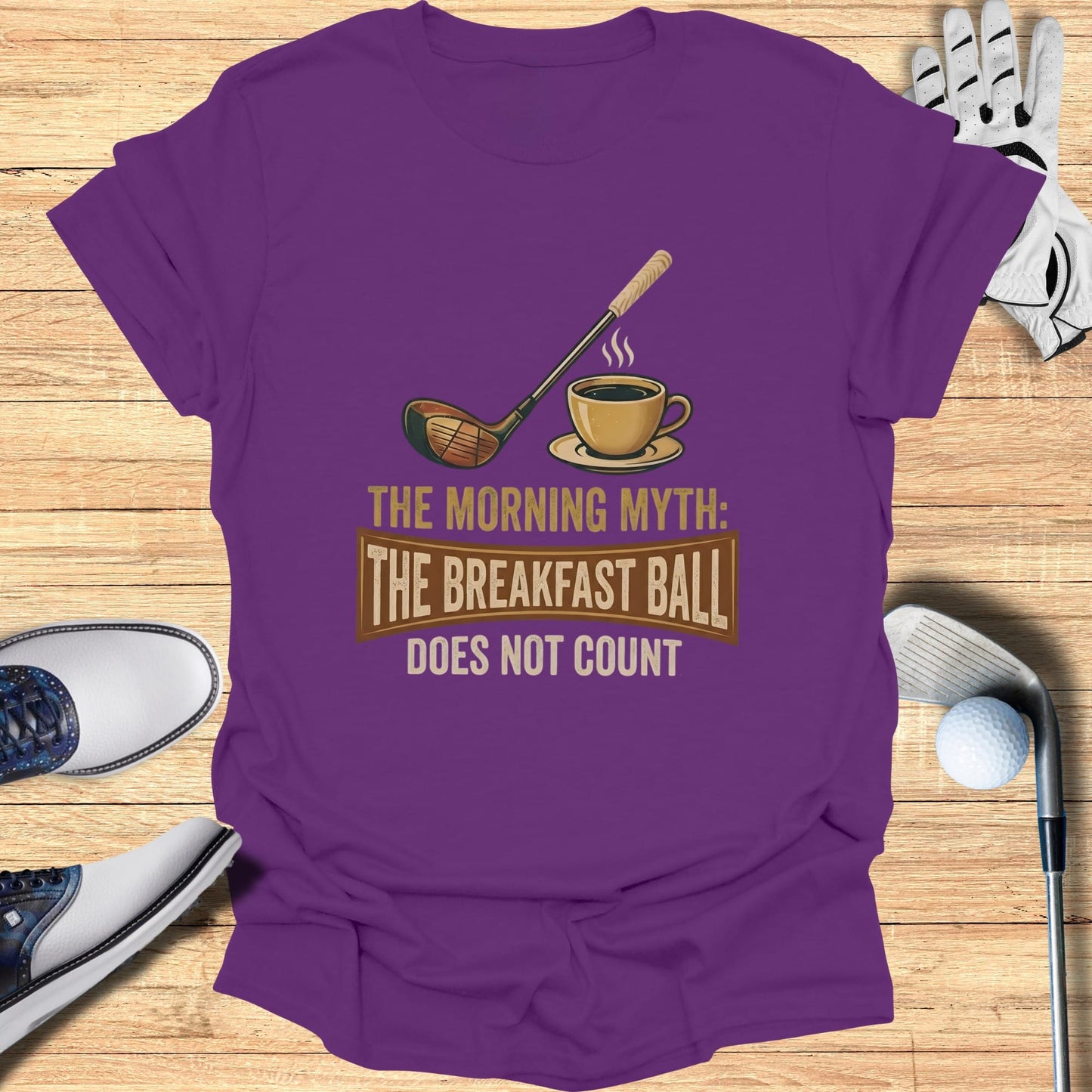 Purple t-shirt with "The Morning Myth: Does Not Count" text and golf imagery.