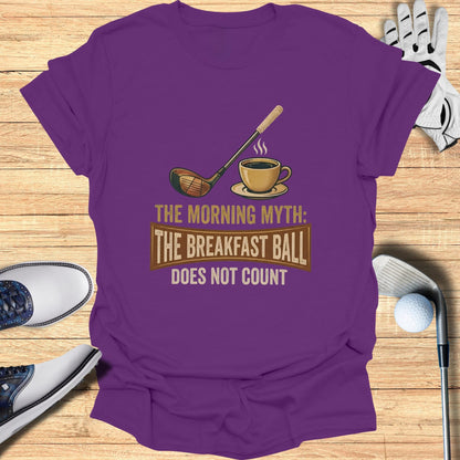 Purple t-shirt with "The Morning Myth: Does Not Count" text and golf imagery.
