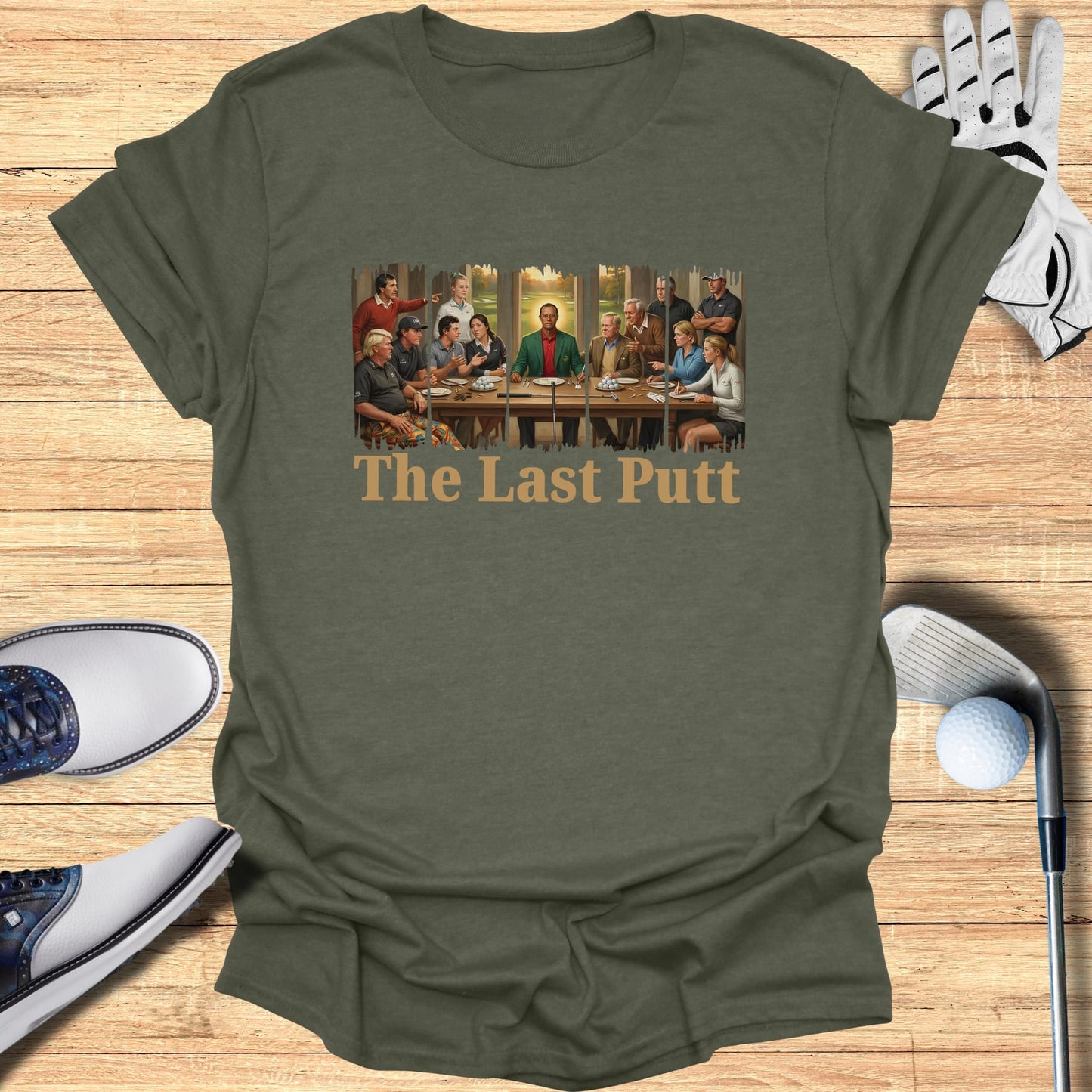 T-shirt with golf legends sitting at a table, "The Last Putt" text.