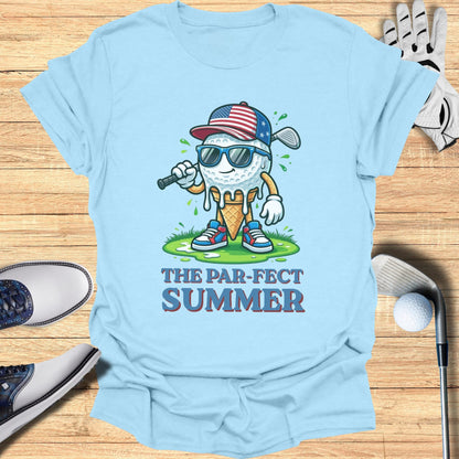 Golf ball character with ice cream cone head wearing sunglasses, American flag hat.
