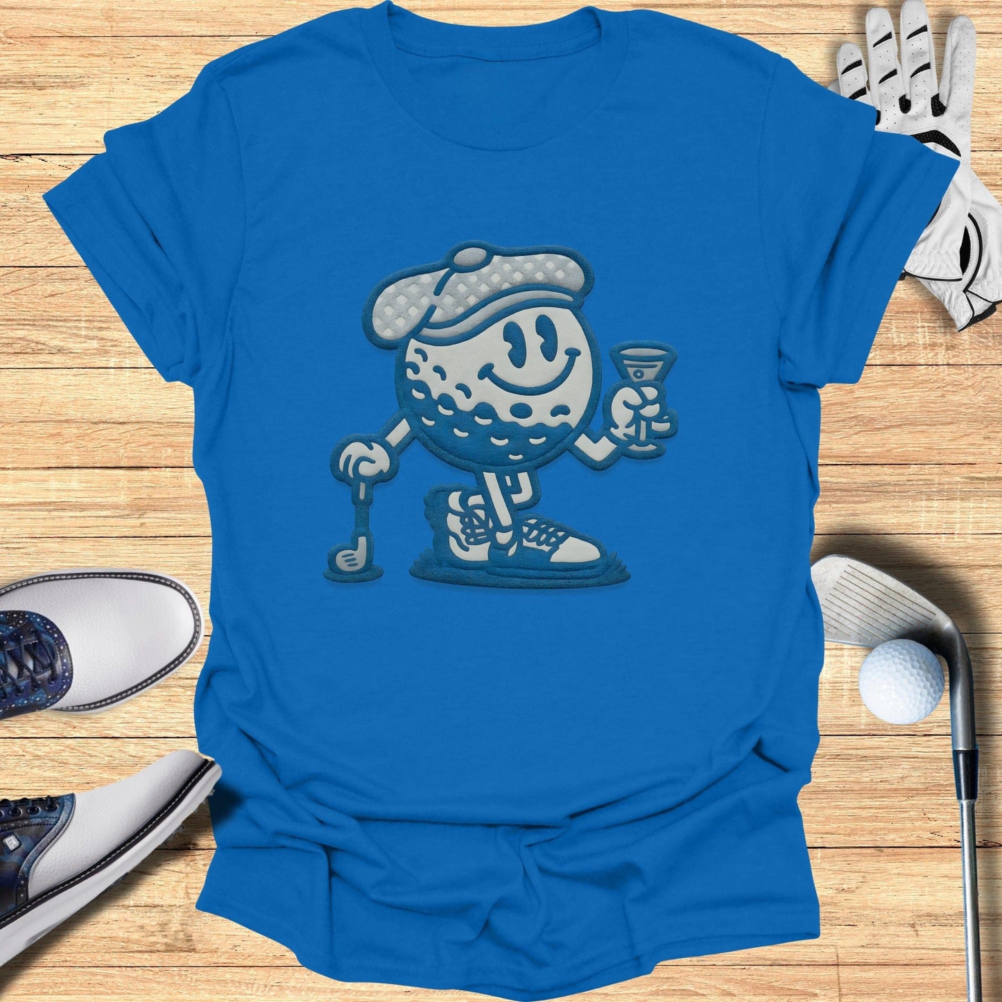 Cheerful Golf Ball Character with Martini T-shirt