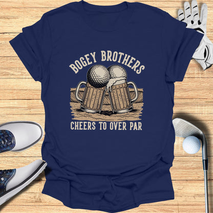 Navy t-shirt with "Bogey Brothers Cheers to Over Par" and two beer mugs with golf balls.