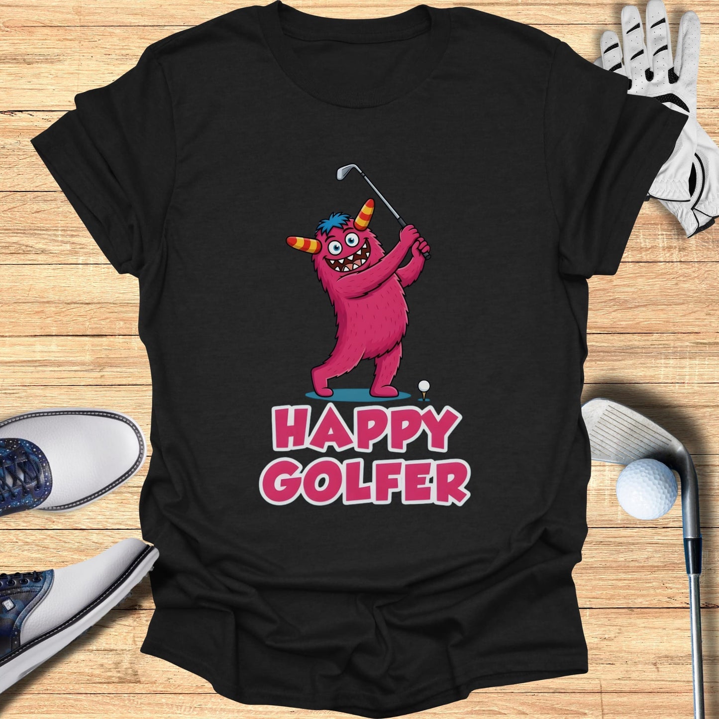Pink monster swinging golf club with "Happy Golfer" text.