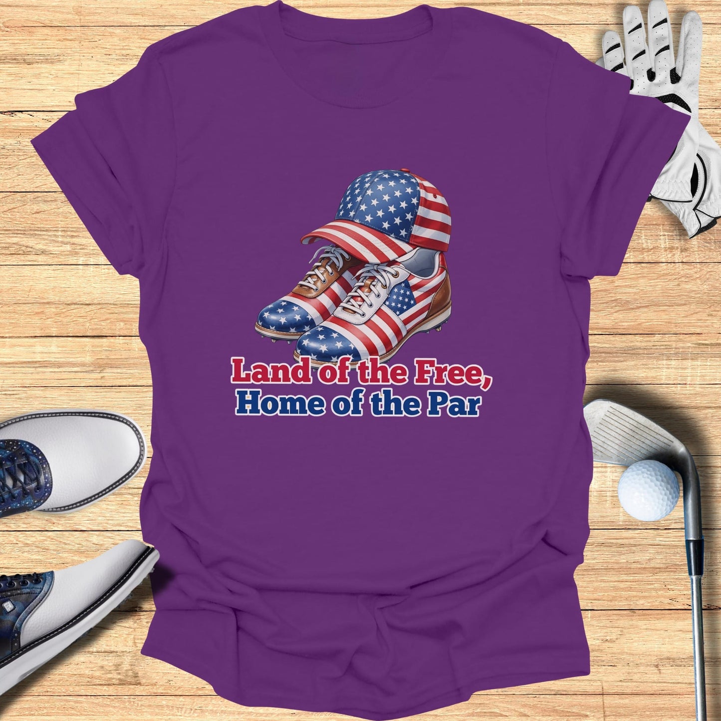 Purple t-shirt with Land of the Free, Home of the Par text and patriotic golf shoes.