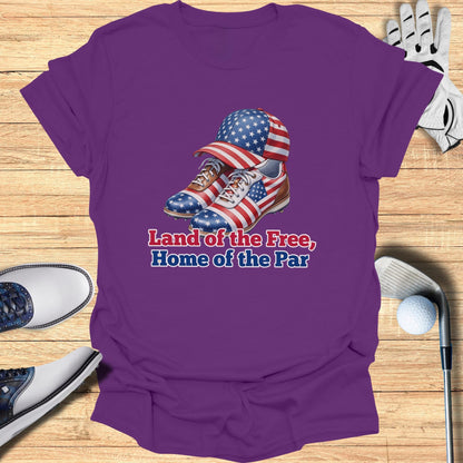 Purple t-shirt with Land of the Free, Home of the Par text and patriotic golf shoes.