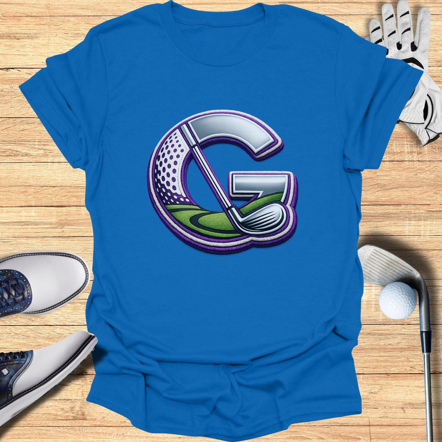 Blue T-Shirt with Golf Club and Ball Graphic Design