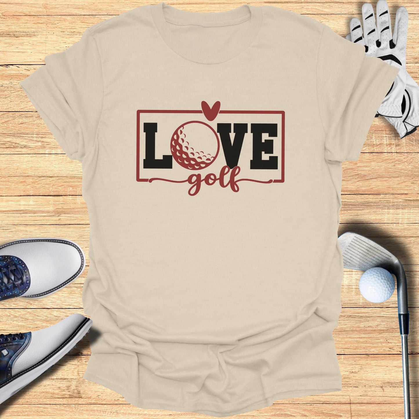T-shirt with "Love golf" and a golf ball graphic.